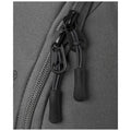 A gray backpack is shown with a close-up of its zippers closed with black pulls that have textured grips set against a fabric surface with a subtle weave pattern.