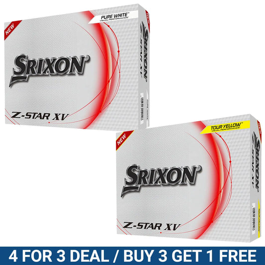 Two boxes of Srixon Z-Star XV golf balls are displayed side by side one labeled Pure White and the other Tour Yellow both featuring promotional text including a deal for buying three and getting one free