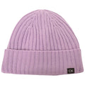 A light purple knit beanie sits upright showcasing its ribbed texture and folded brim with a small tag labeled CK at the side.