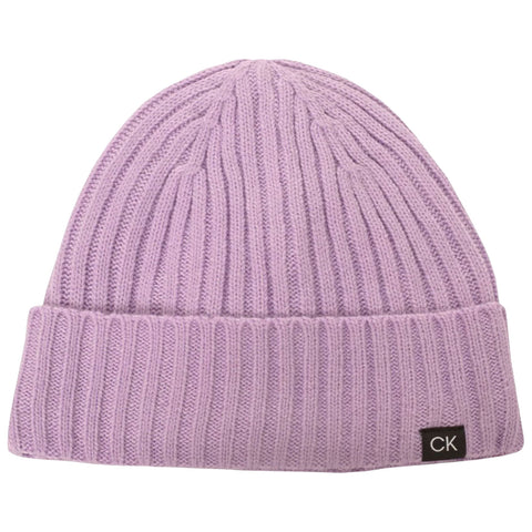 A light purple knit beanie sits upright showcasing its ribbed texture and folded brim with a small tag labeled CK at the side.