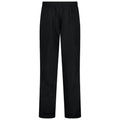 Black pants are displayed upright with an elastic waistband and a straight-leg design. The fabric appears smooth and lightweight, suitable for casual or outdoor wear in various settings.