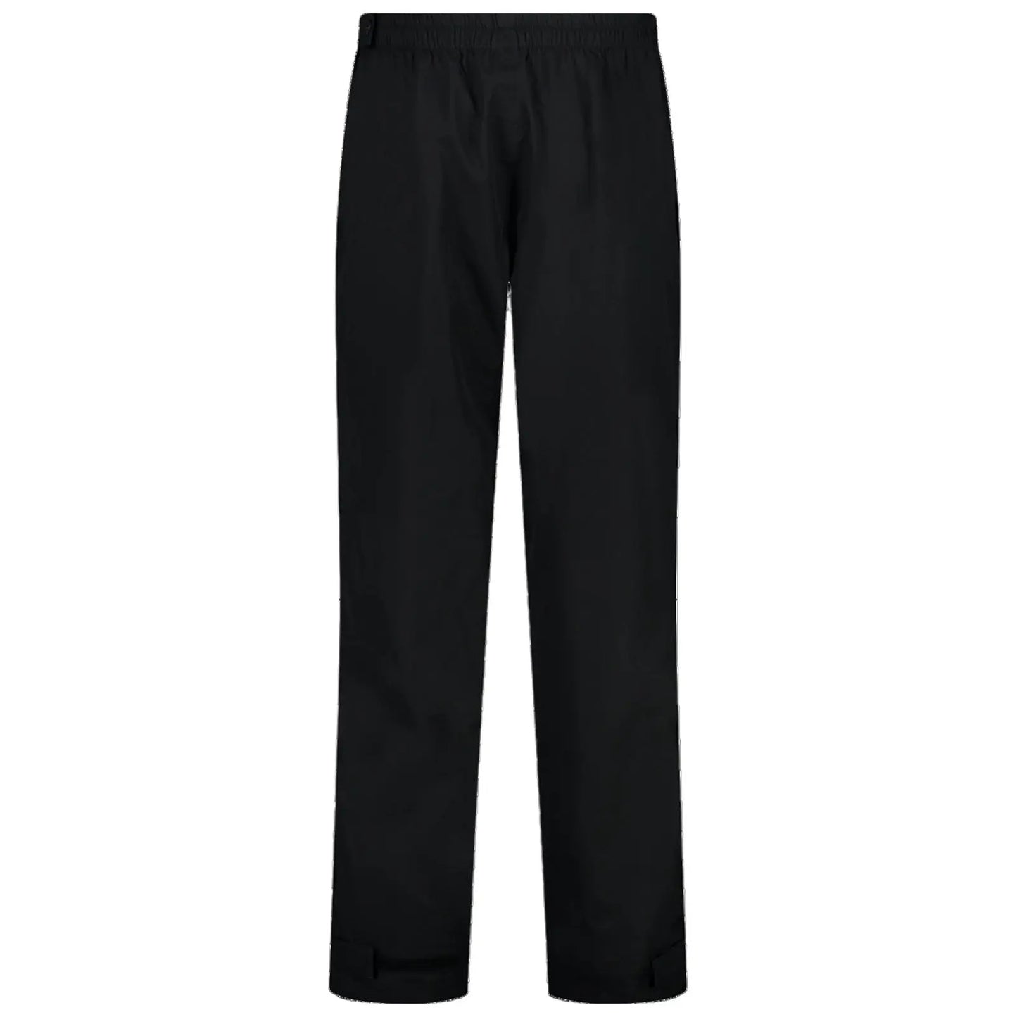 Black pants are displayed upright with an elastic waistband and a straight-leg design. The fabric appears smooth and lightweight, suitable for casual or outdoor wear in various settings.