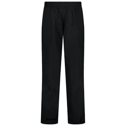 Black pants are displayed upright with an elastic waistband and a straight-leg design. The fabric appears smooth and lightweight, suitable for casual or outdoor wear in various settings.
