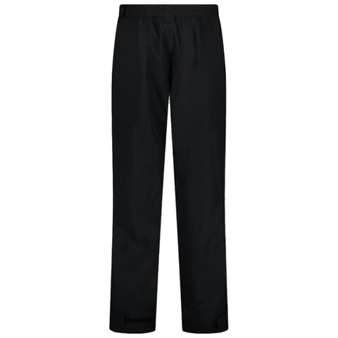 Black pants are displayed upright with an elastic waistband and a straight-leg design. The fabric appears smooth and lightweight, suitable for casual or outdoor wear in various settings.