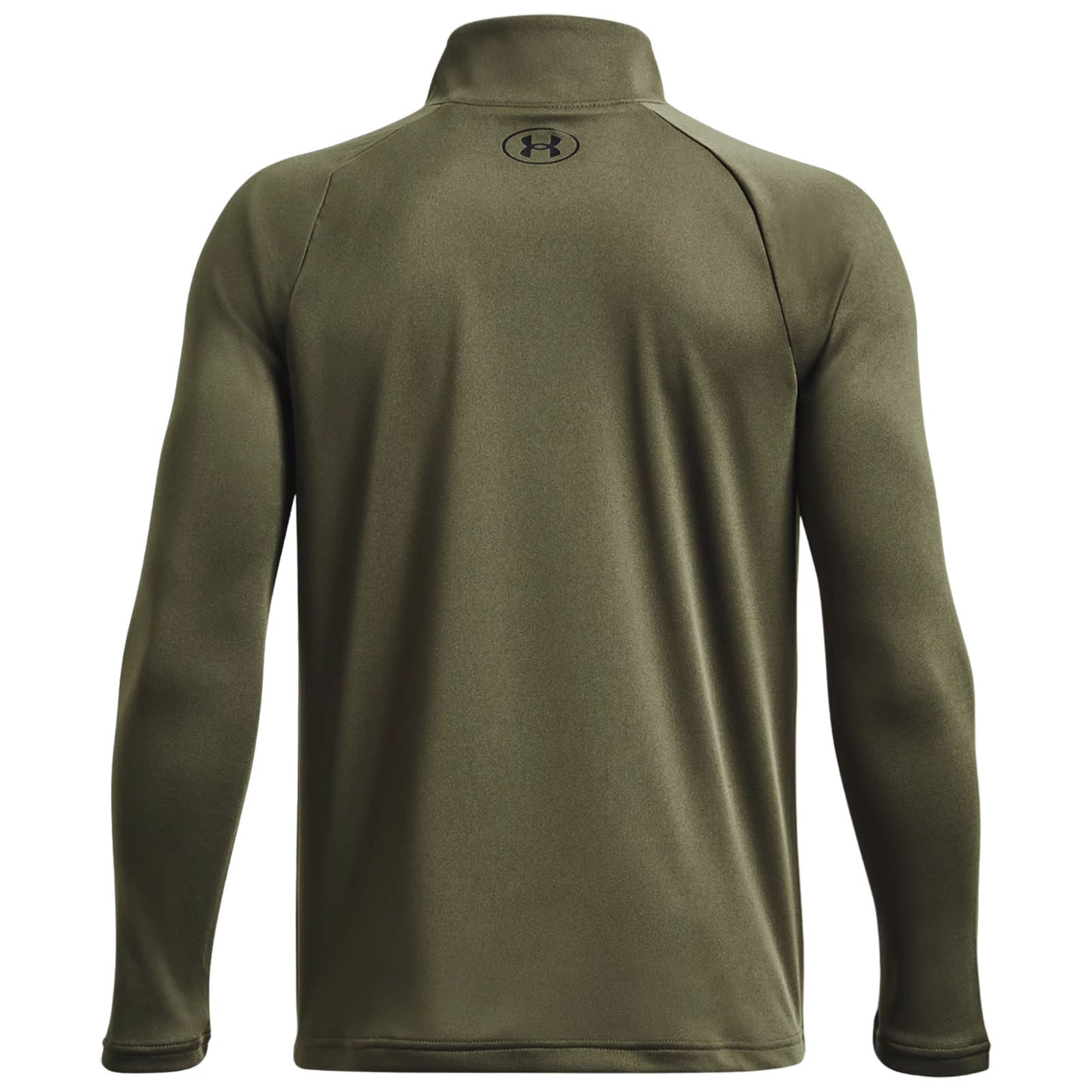 A long-sleeved, olive green pullover with a high collar is displayed. The fabric appears smooth and fitted, suitable for athletic wear, conveying a sense of durability and comfort.