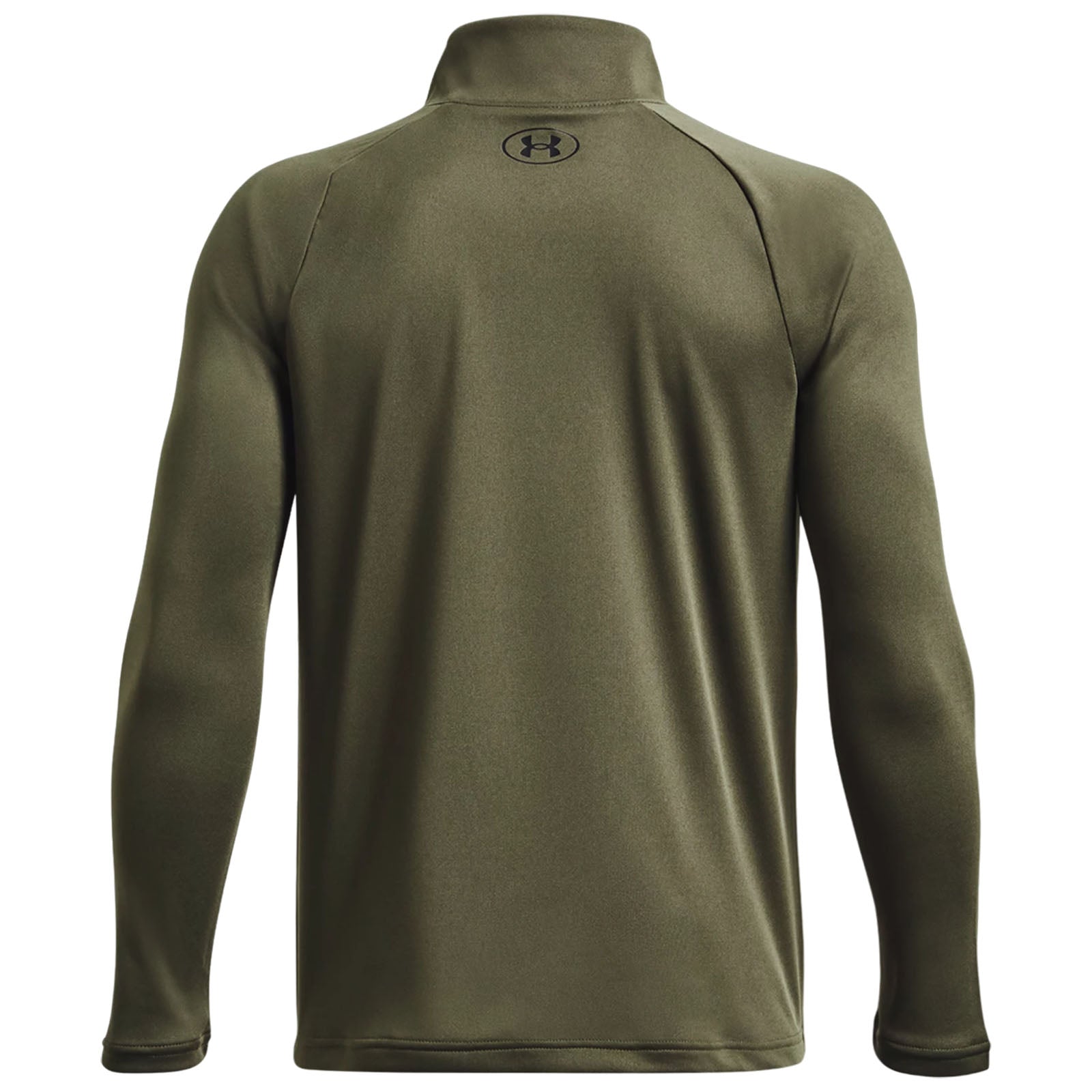 A long-sleeved, olive green pullover with a high collar is displayed. The fabric appears smooth and fitted, suitable for athletic wear, conveying a sense of durability and comfort.