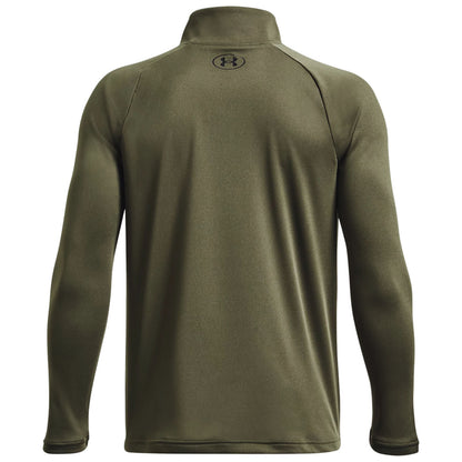 A long-sleeved, olive green pullover with a high collar is displayed. The fabric appears smooth and fitted, suitable for athletic wear, conveying a sense of durability and comfort.