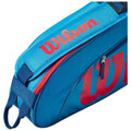 A blue sports bag with a prominent red "Wilson" logo on the side features a red zipper and a strap for carrying, positioned against a plain white background.