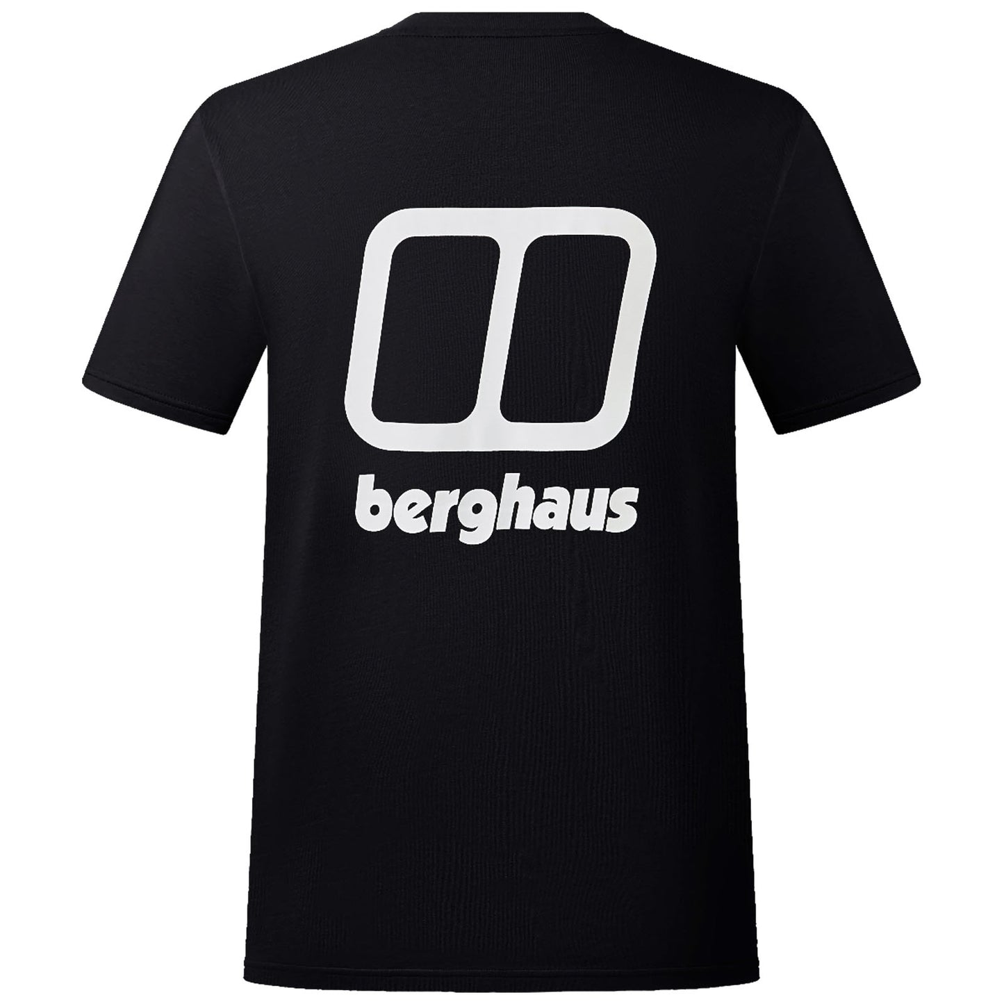 A black t-shirt displays a large white logo featuring two overlapping rectangles above the word "berghaus," positioned prominently on the back.