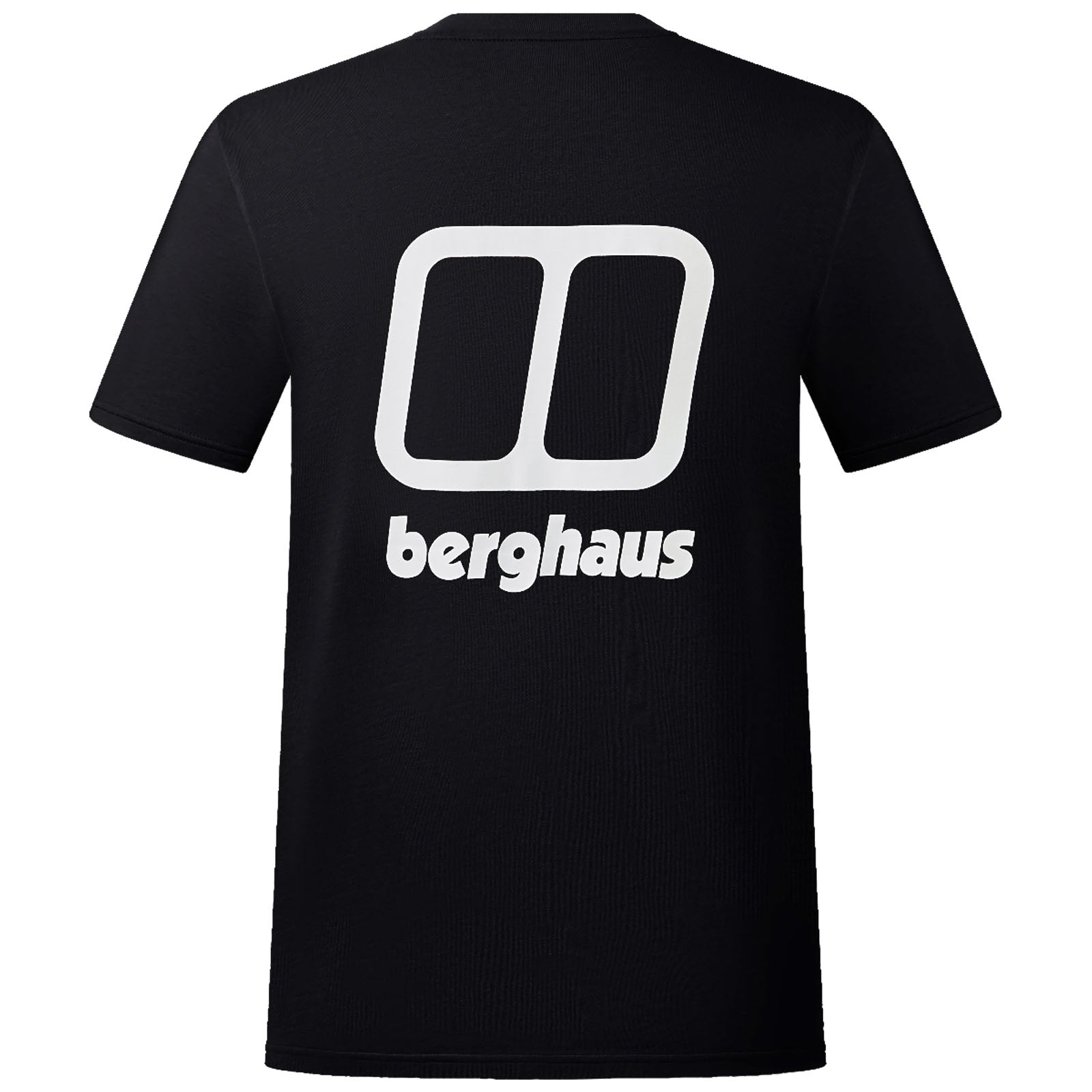 A black t-shirt displays a large white logo featuring two overlapping rectangles above the word "berghaus," positioned prominently on the back.