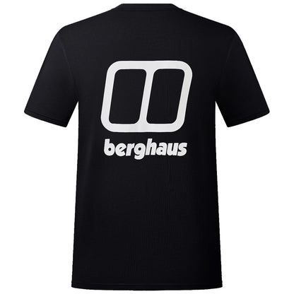 A black t-shirt displays a large white logo featuring two overlapping rectangles above the word "berghaus," positioned prominently on the back.