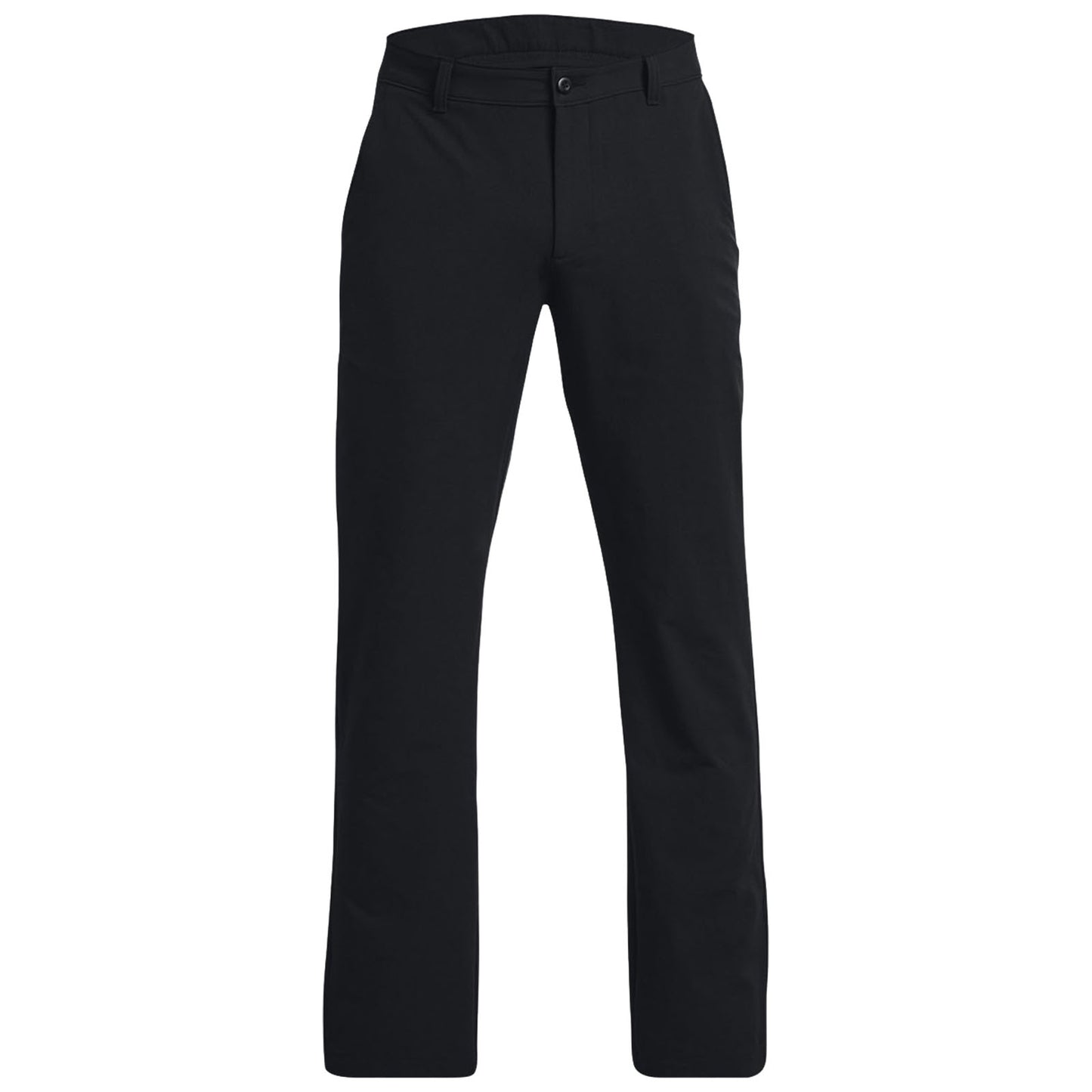 Black pants are displayed standing upright highlighting their straight-leg design with a button closure and waistband in a neutral setting emphasizing their versatility and casual style