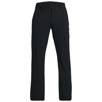 Black pants are displayed standing upright highlighting their straight-leg design with a button closure and waistband in a neutral setting emphasizing their versatility and casual style