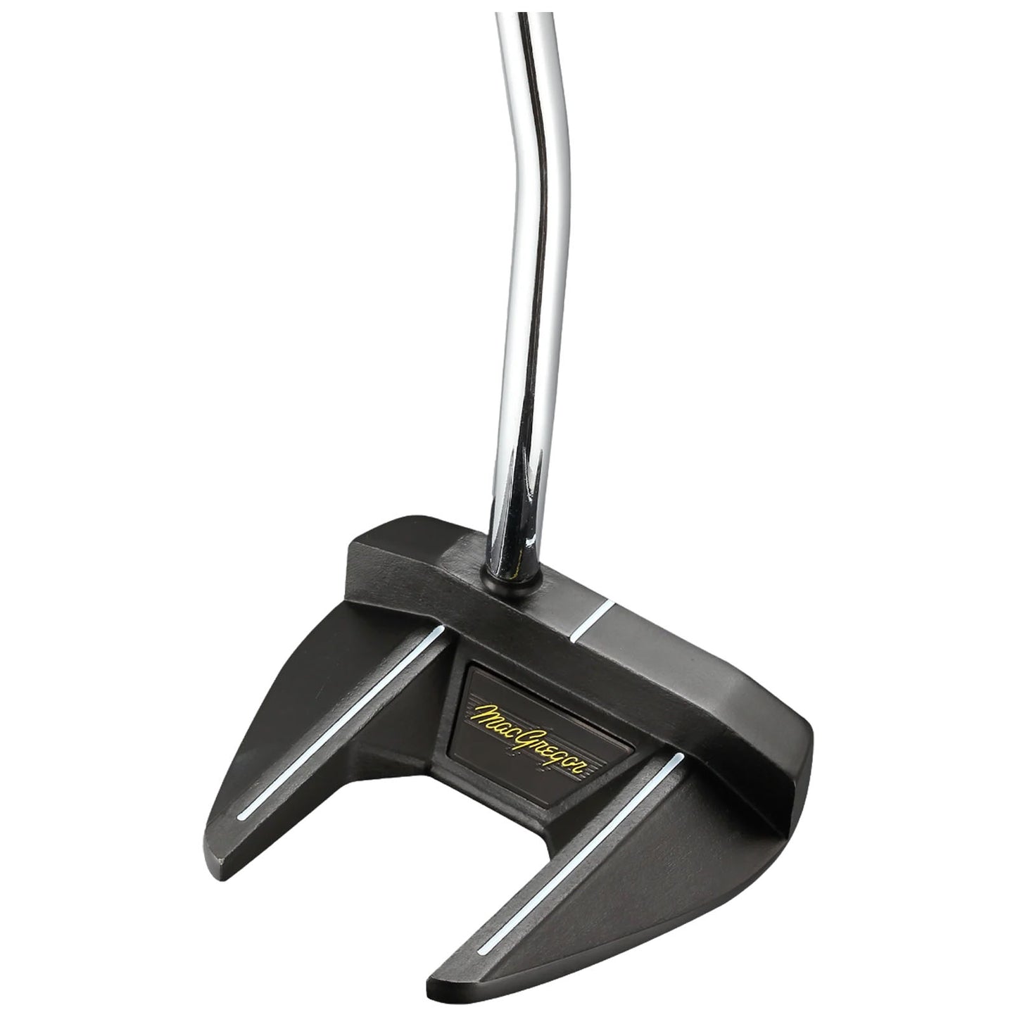 A black golf putter with a unique head design rests upright with a shiny chrome shaft in a plain white background suggesting an emphasis on the equipment's details and craftsmanship.