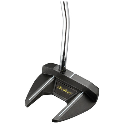 A black golf putter with a unique head design rests upright with a shiny chrome shaft in a plain white background suggesting an emphasis on the equipment's details and craftsmanship.