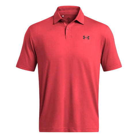 A red polo shirt with a collar and a logo on the left chest hangs against a plain background showcasing its smooth fabric and sleek design.