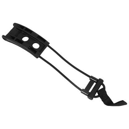 A black plastic strap with a flexible design features two holes for attachment and elastic cords on either side with a looped end for securing or adjusting within a specific context.