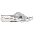 A gray open-toed sandal is displayed with a textured upper and a thick white sole providing arch support resting on a plain white background.