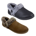 Two pairs of cozy slippers are displayed side by side the top pair is black with a gray fur trim and the bottom pair is brown with a tan fur trim both have soft interiors.