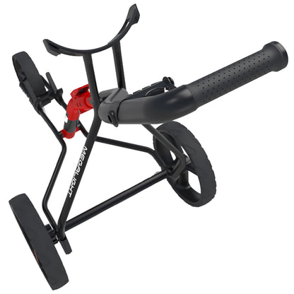 A black and red golf pushcart stands upright featuring two large wheels and a handle for pushing in an outdoor setting typically used on golf courses for transporting golf bags.