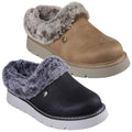 Two pairs of cozy slip-on shoes are displayed side by side one pair is light brown with a furry collar and the other pair is black with a grey furry collar both have a white sole.