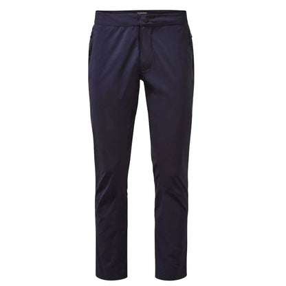 Dark navy pants stand upright showcasing a slim fit design with visible pockets and a button at the waist suitable for casual or outdoor wear against a neutral background.