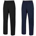 Two pairs of trousers are displayed side by side one in black and one in navy blue both feature a straight cut design with button closures at the waist