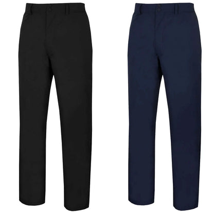 Two pairs of trousers are displayed side by side one in black and one in navy blue both feature a straight cut design with button closures at the waist