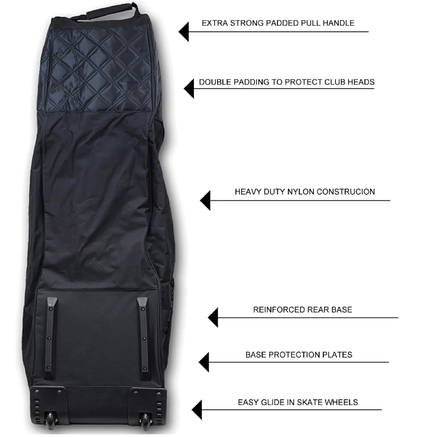 A black golf travel bag features a padded pull handle and double padding for club head protection, built from heavy-duty nylon with skateboard wheels for easy transport.