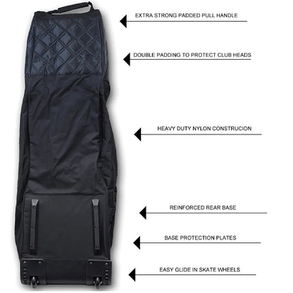 A black golf travel bag features a padded pull handle and double padding for club head protection, built from heavy-duty nylon with skateboard wheels for easy transport.