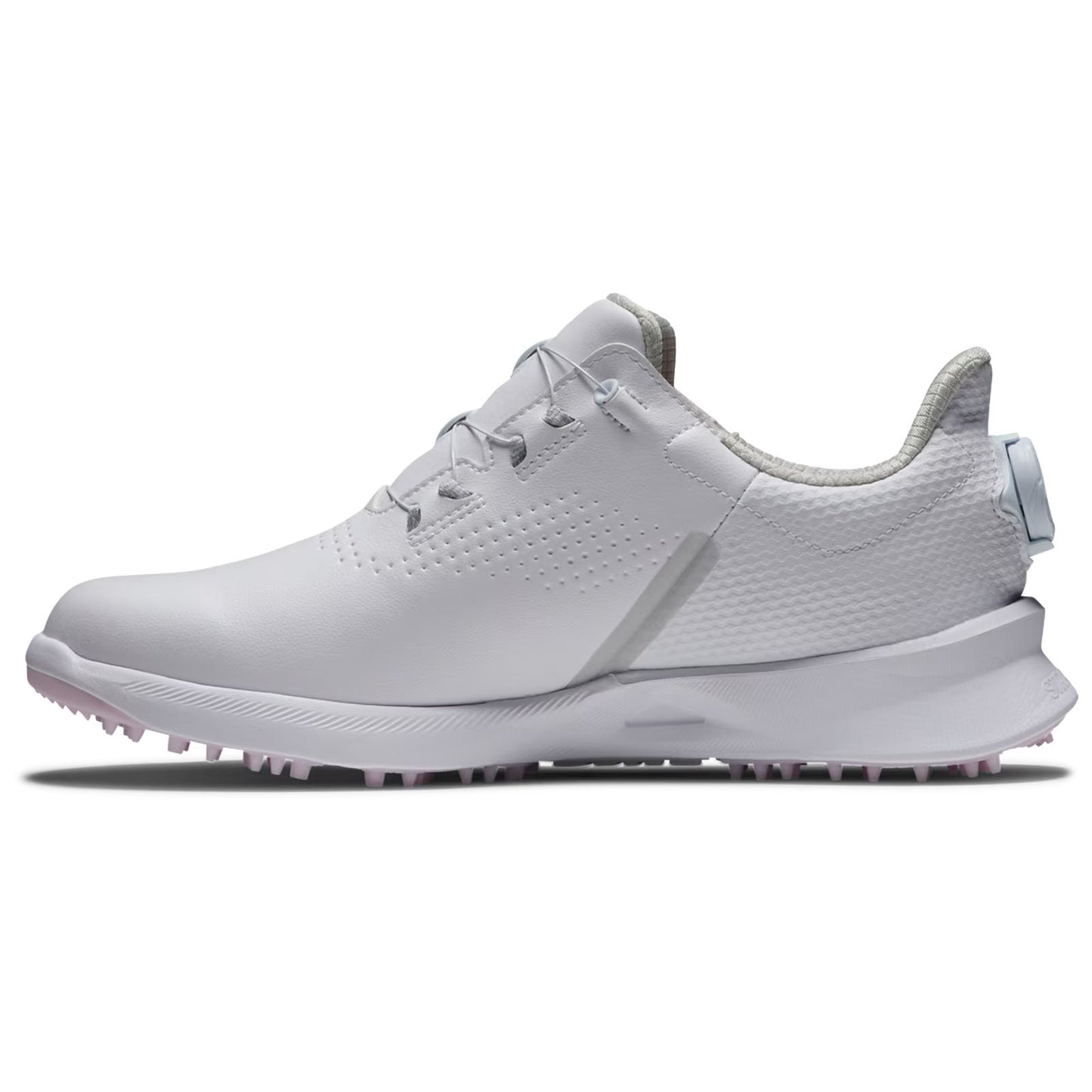A white athletic shoe with a textured upper and spiked sole is displayed sideways showcasing its lacing and design features suitable for golf or other sports activities.