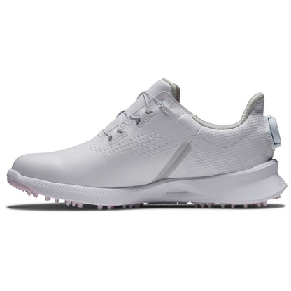 A white athletic shoe with a textured upper and spiked sole is displayed sideways showcasing its lacing and design features suitable for golf or other sports activities.