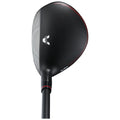 A black golf driver head with a smooth surface features a white logo and markings for alignment The club is positioned upright suggesting readiness for a swing
