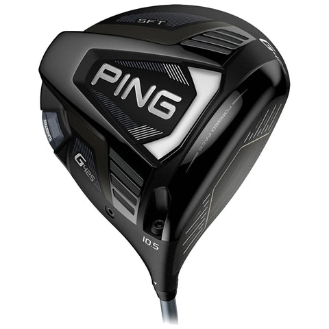 A golf driver is angled upward with a sleek black and silver design featuring brand markings and specifications on its body suggesting it is designed for performance on a golf course.