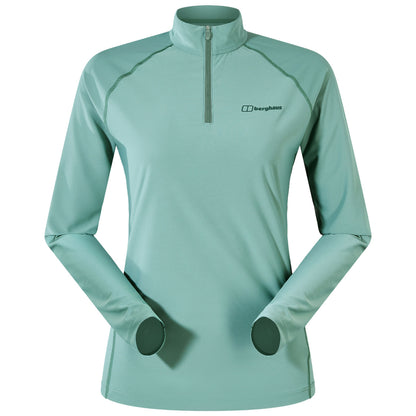 A blue long-sleeved athletic shirt features a quarter zip and thumbholes. It is displayed from both the front and back, with a smooth texture suitable for outdoor activities.