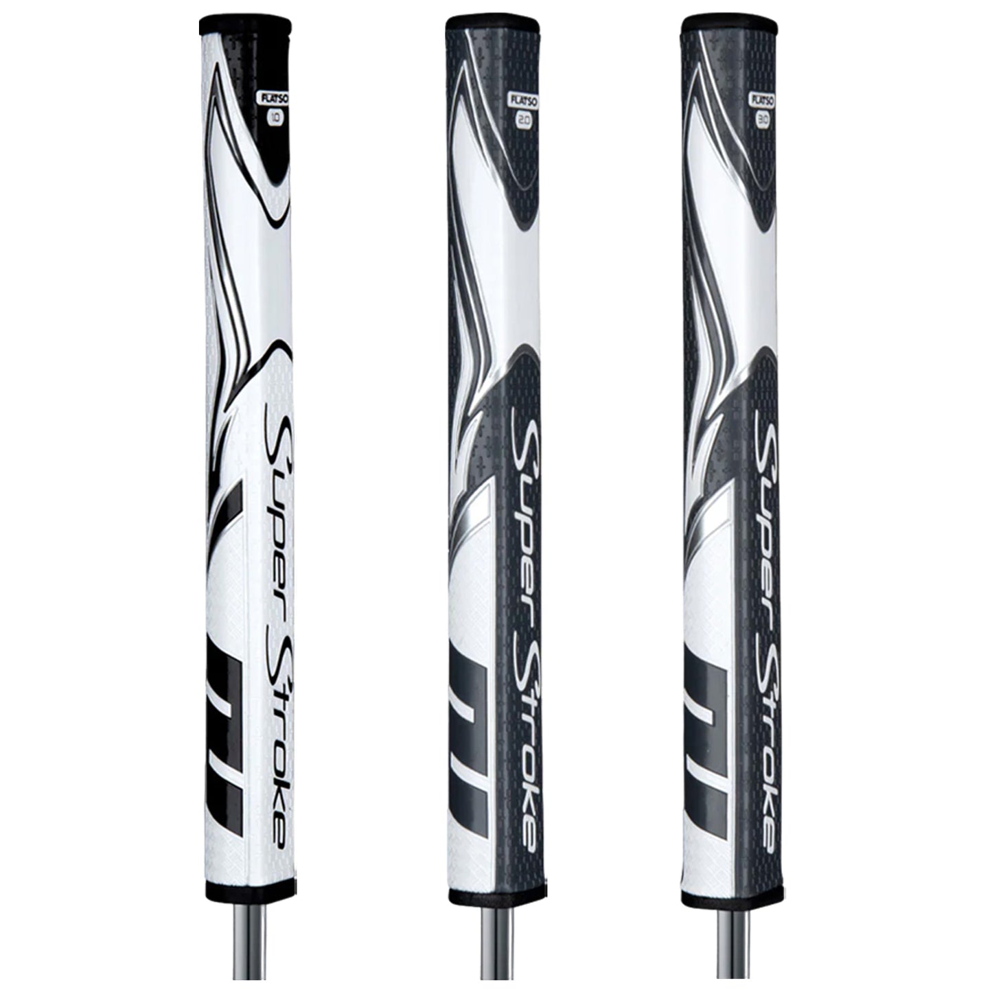 Three golf putter grips are displayed in a vertical arrangement showcasing a sleek design with a predominantly white and black color scheme featuring the brand name SuperStroke prominently in the center.