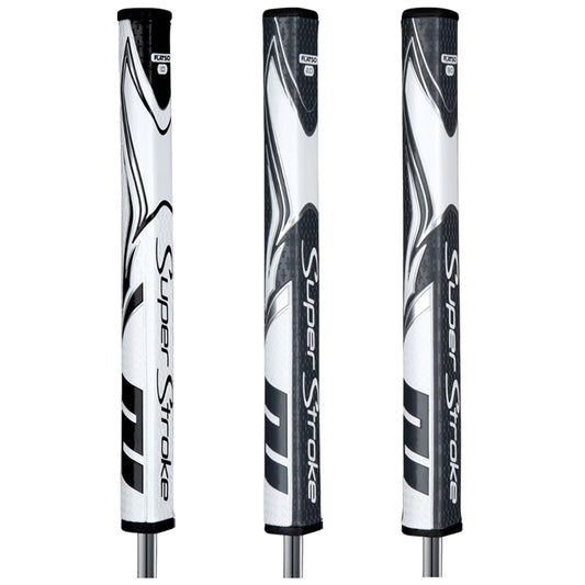 Three golf putter grips are displayed in a vertical arrangement showcasing a sleek design with a predominantly white and black color scheme featuring the brand name SuperStroke prominently in the center.