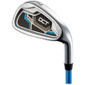 A silver golf iron with a sleek design features blue and black accents showcasing the brand name DCI and its detailing, ideal for striking golf balls on a course.