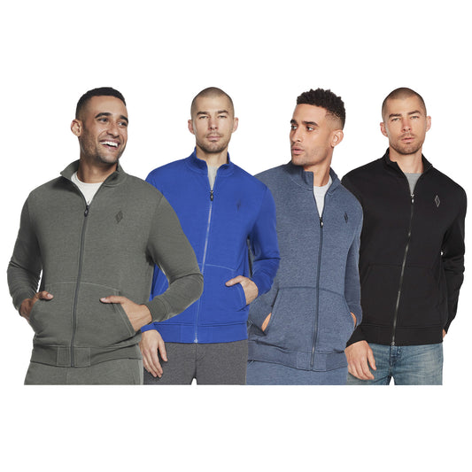 Four men are wearing zip-up jackets in different colors green blue gray and black each with a smiling or neutral expression standing side by side in a plain background.