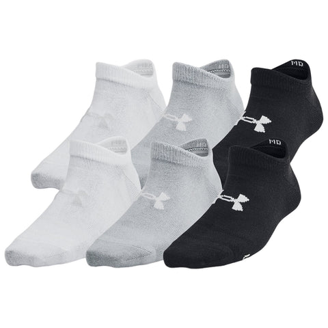 Six pairs of low-cut socks in white grey and black are displayed standing upright showcasing the logo while visually representing a clothing accessory suitable for casual or athletic wear.