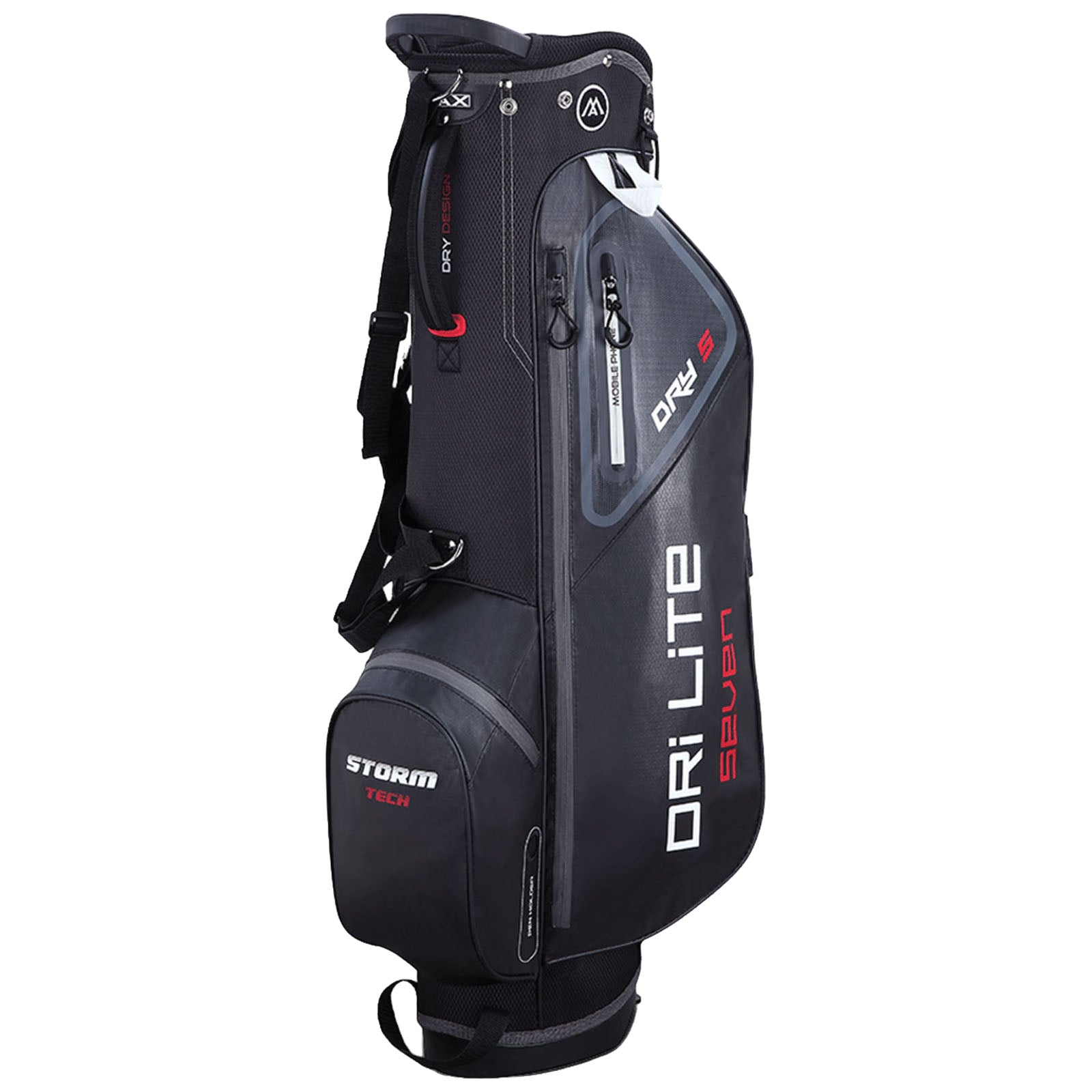 A black and gray golf bag stands upright featuring multiple compartments and a sleek design showcasing the text DRI LITE and STORM TECH organized for carrying golf clubs in various outdoor settings.