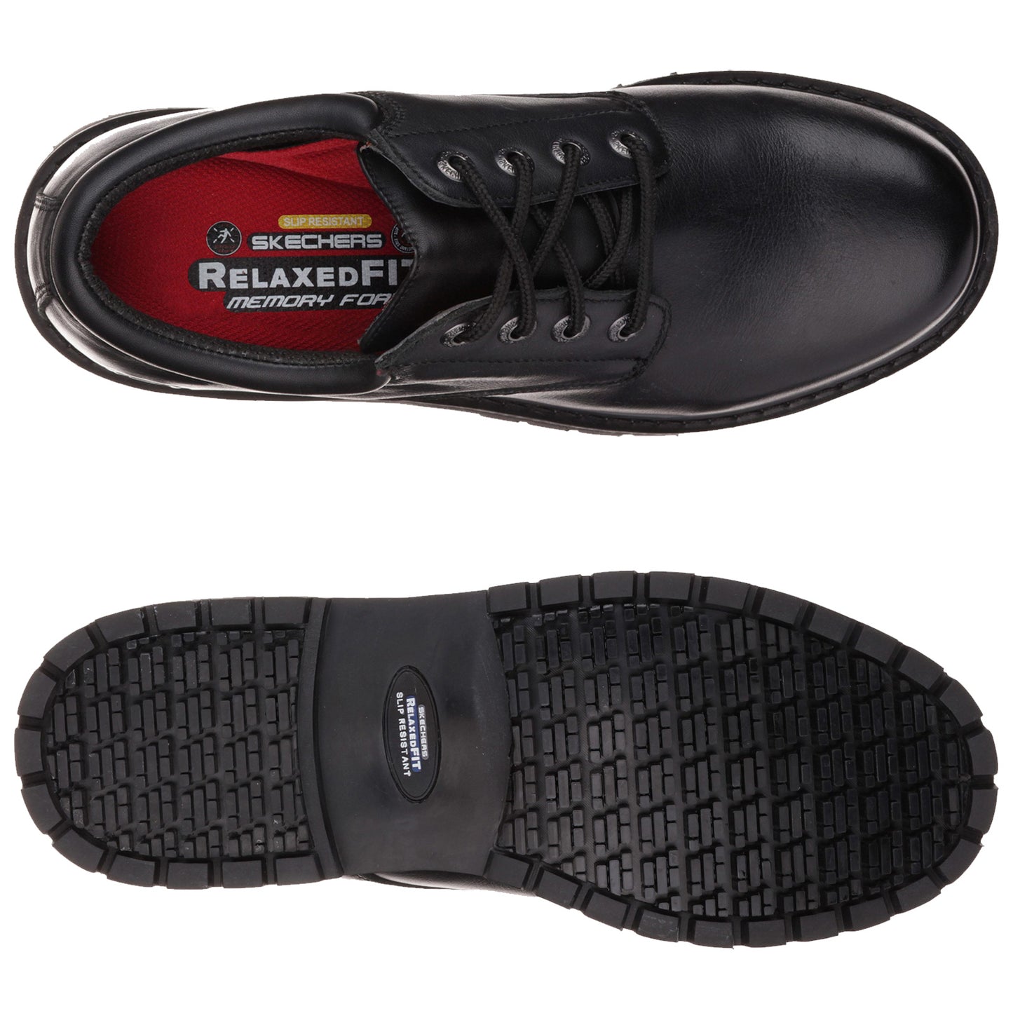 A black shoe with laces sits flat with a textured sole visible below. The inside has red padding labeled with "SKECHERS RELAXEDFIT MEMORY FOAM."
