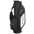 A black and white golf bag stands upright showcasing multiple compartments for clubs and accessories featuring the brand name MacGregor prominently displayed on the side.