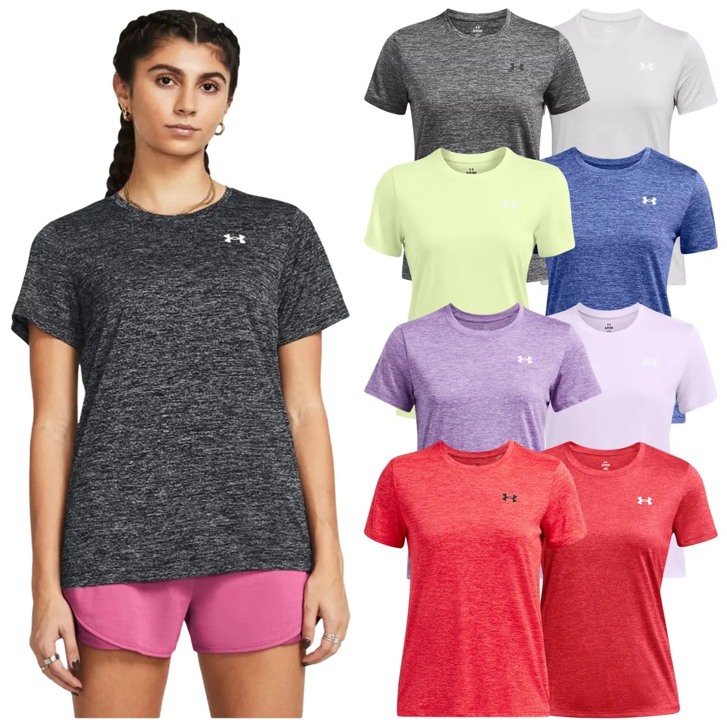 A person stands in a black athletic shirt and pink shorts showcasing various colored athletic shirts in the background including gray yellow purple blue white and red.