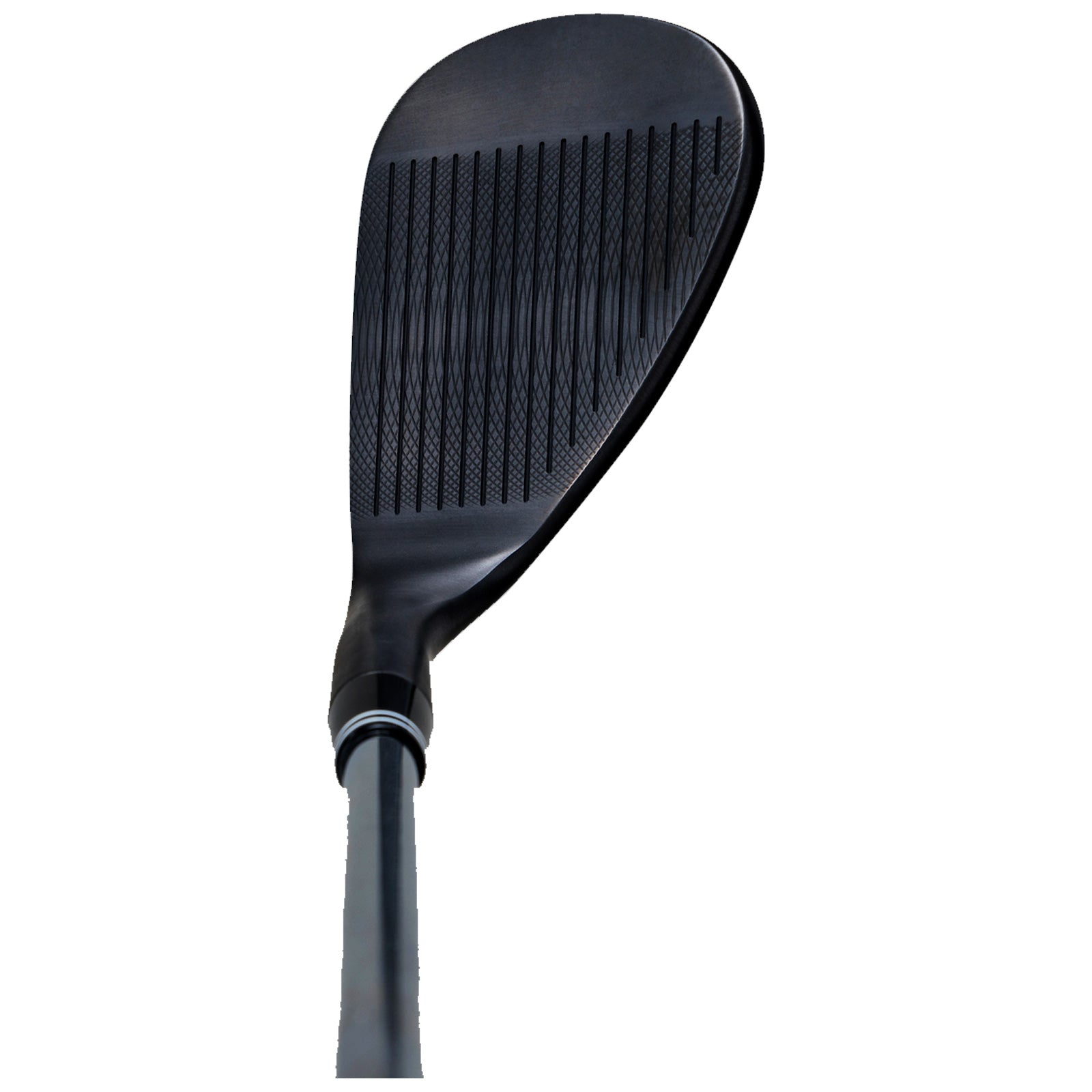 A golf club head is positioned upright showcasing a sleek black surface with textured grooves the club is ready for a swing on a golf course or range.