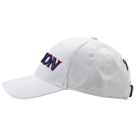 A white baseball cap is displayed angled to the right with red and blue embroidered text on the front and side showcasing brand name while on a plain background