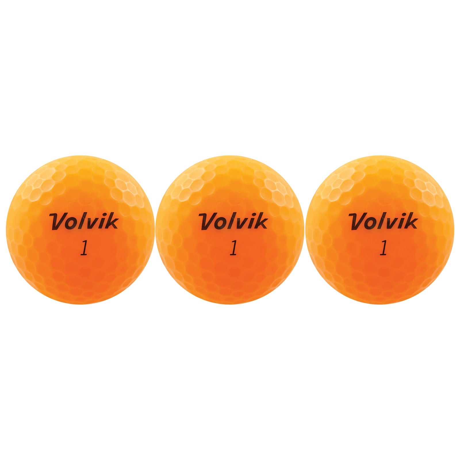 Three bright orange golf balls are lined up in a row displaying the brand name Volvik and the number 1 on their surfaces. The background is plain and unobtrusive.