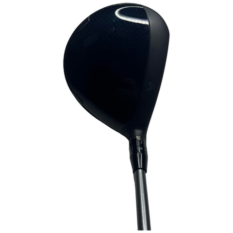 A black golf driver stands upright with a sleek, reflective surface and an adjustable mechanism on the grip, set against a blank white background.