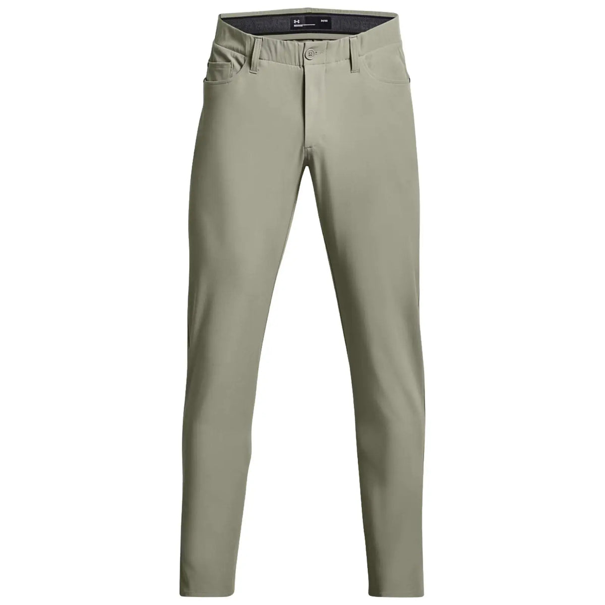 Light green pants are displayed upright with a smooth fabric texture. They feature five pockets and a standard button closure, set against a neutral background.