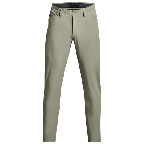 Light green pants are displayed upright with a smooth fabric texture. They feature five pockets and a standard button closure, set against a neutral background.